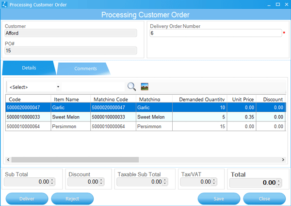 Customer Orders Processing Dialog