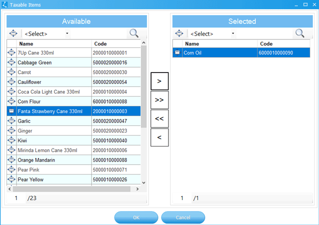 Taxable Items Selection Dialog